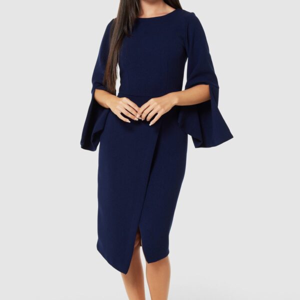 Closet London Blue Flared Sleeve Pencil Midi Dress