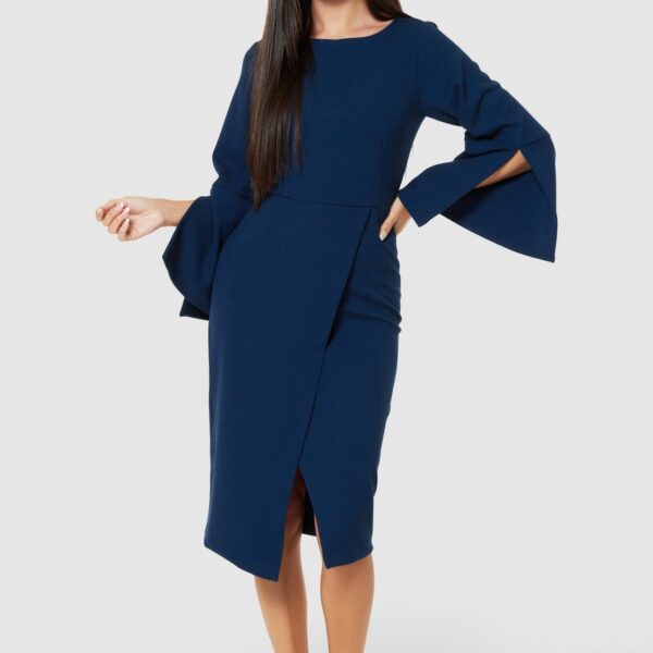 Closet London Denim Blue Flared Sleeve Pencil Midi Dress