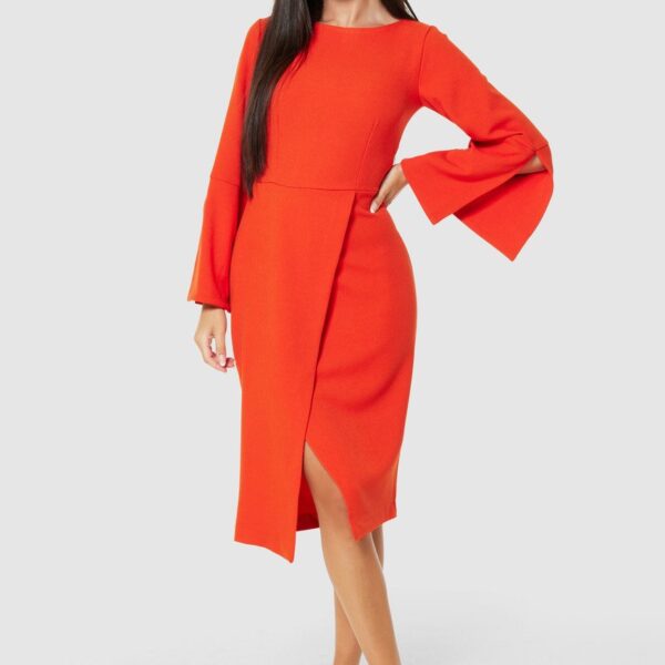 Closet London Orange Flared Sleeve Pencil Midi Dress