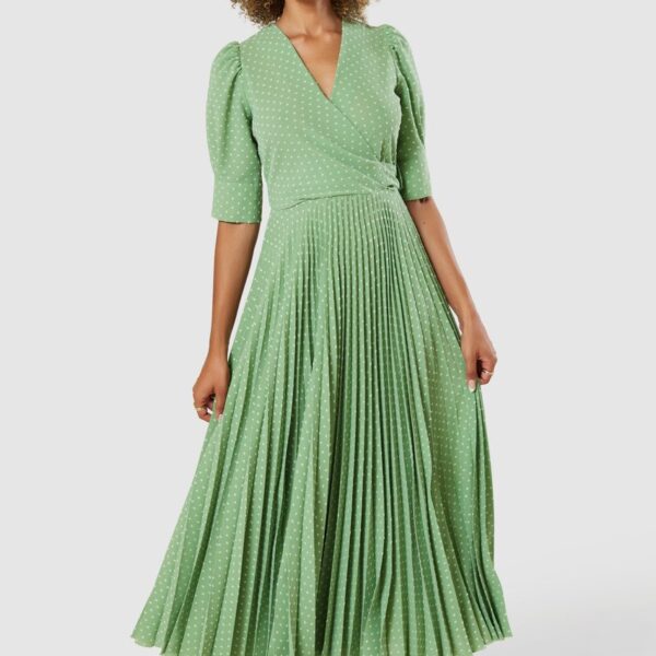 Closet London  Sage Green  Puff Sleeve Pleated A-line  Dress