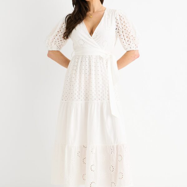 White Wrap Broderie Cotton Belted Midi Dress