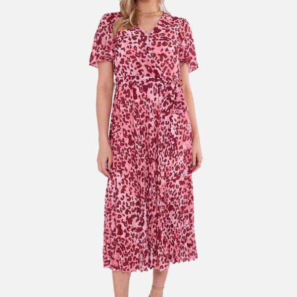 Pink Animal Print Wrap Pleated Midi Dress