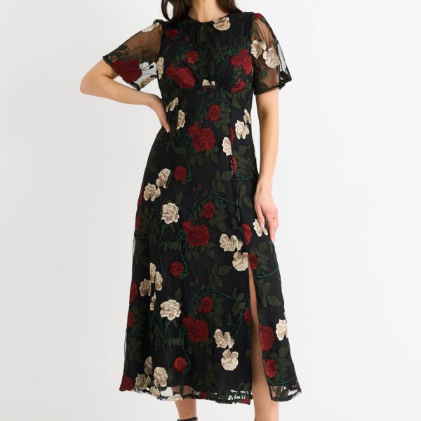 Black Angel Sleeves Embroidered Occasion Midi Dress