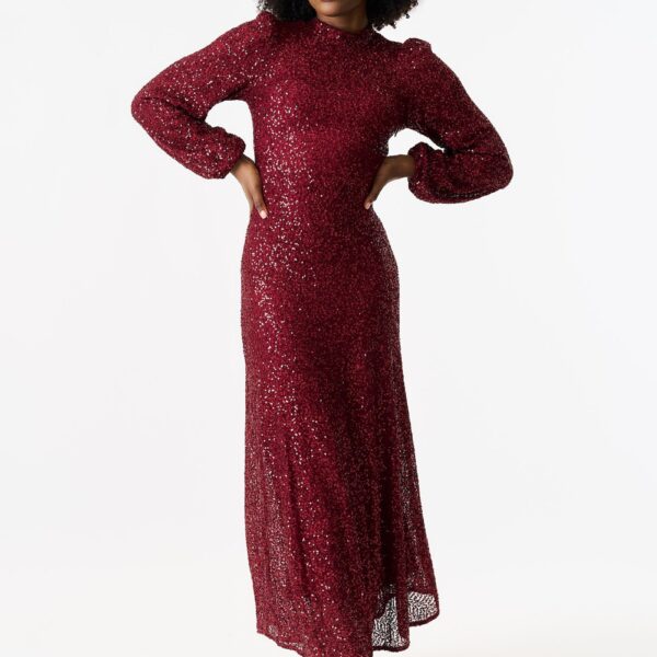 Burgundy Sequin High Neck Occasion Midi Dress