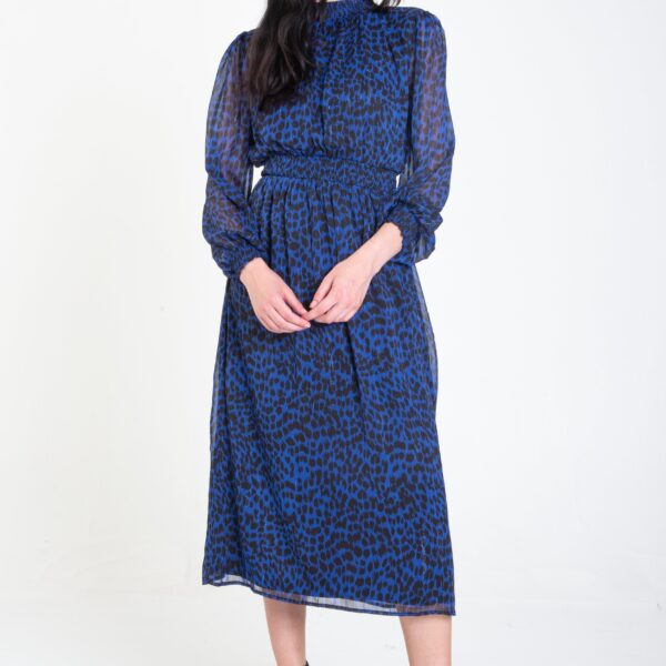 Blue Animal Print Shirred High Neck Midi Dress