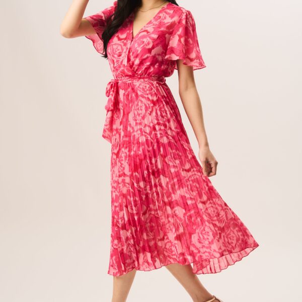 Pink Floral Angel Sleeves Pleated Midi Wrap Dress