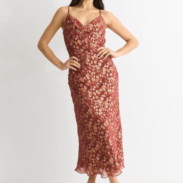 Brown Viscose Animal Jacquard Cowl Midi Dress