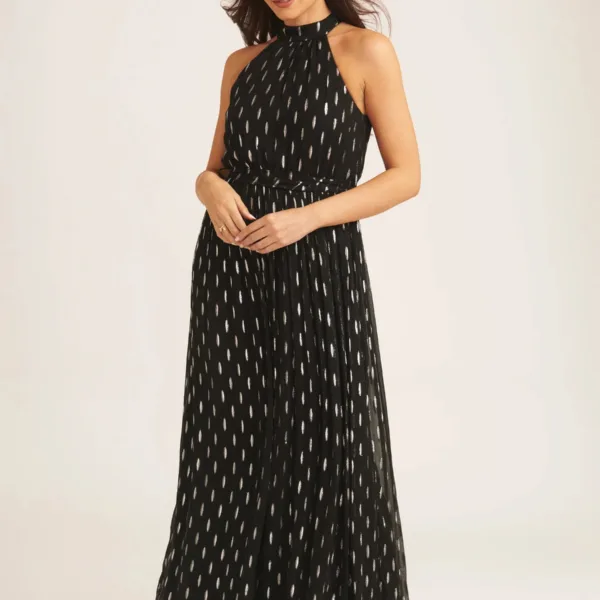 Black Jacquard Halter Neck Maxi Dress
