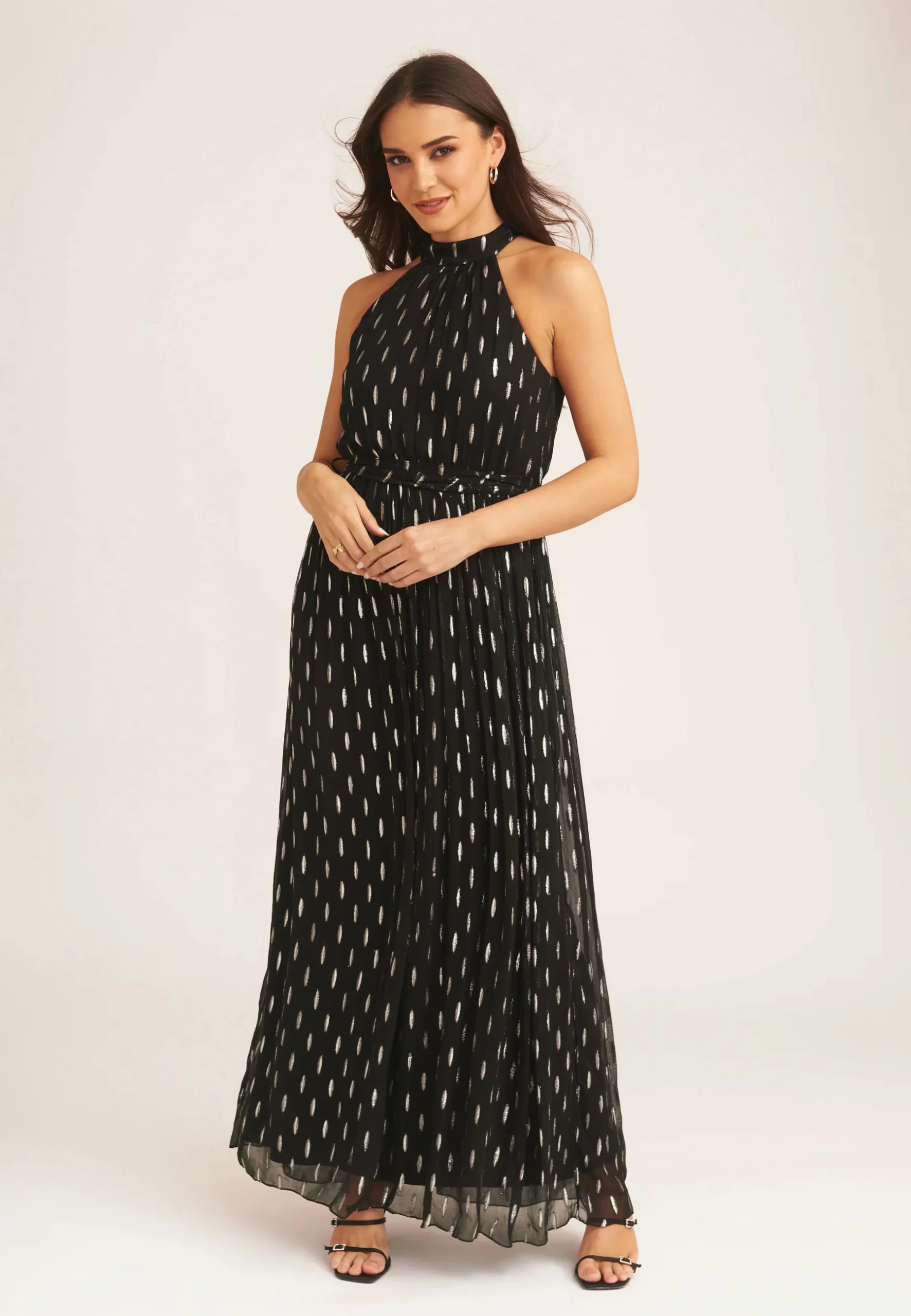 Black Jacquard Halter Neck Maxi Dress