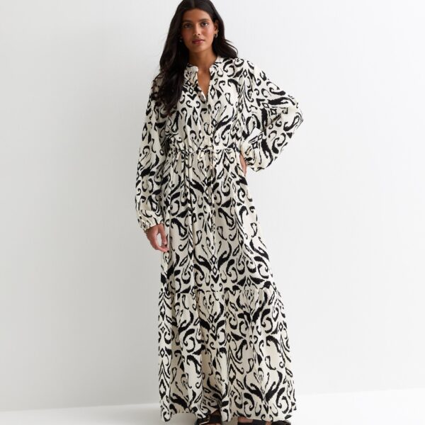White Ikat Print Tie Waist Maxi Dress