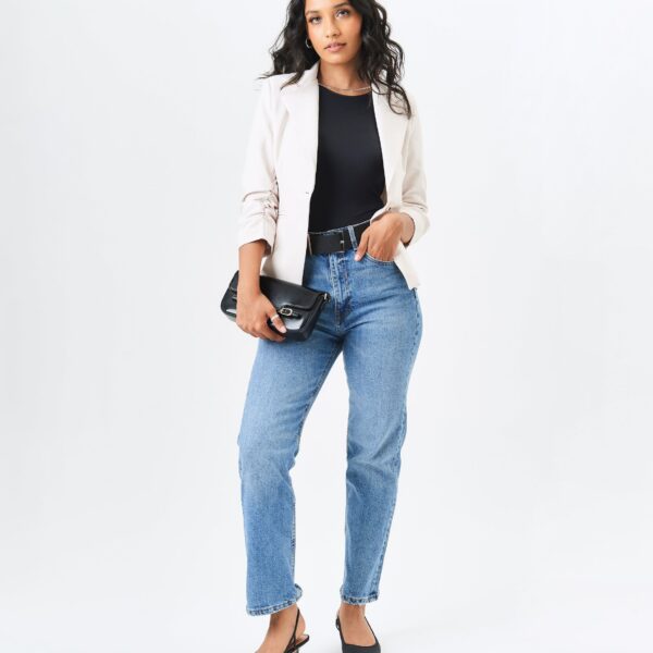 Cream Ruched Sleeves Fitted Blazer