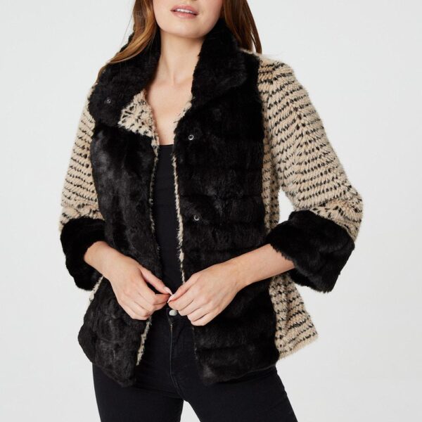 Striped Faux Fur 3/4 Sleeve Jacket