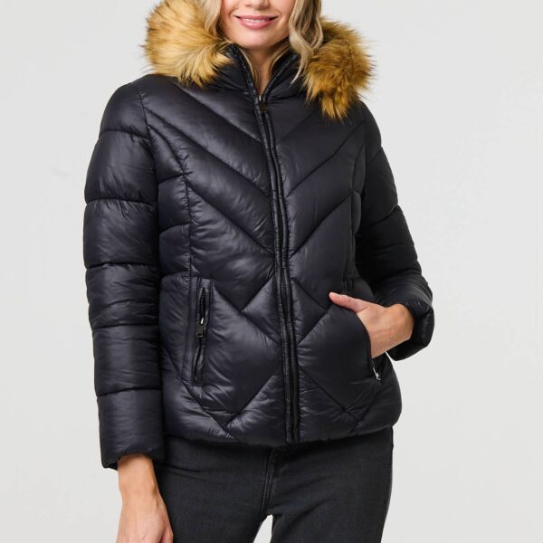 Faux Fur Trim Hooded Puffer Jacket