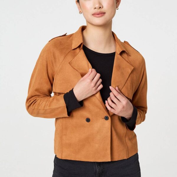 Suede Texture 3/4 Sleeve Cropped Trench Coat