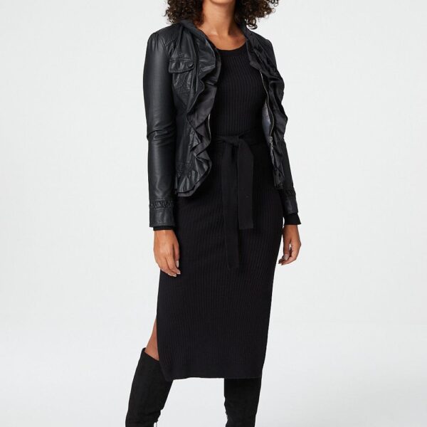 Frilled Front Faux Leather Jacket