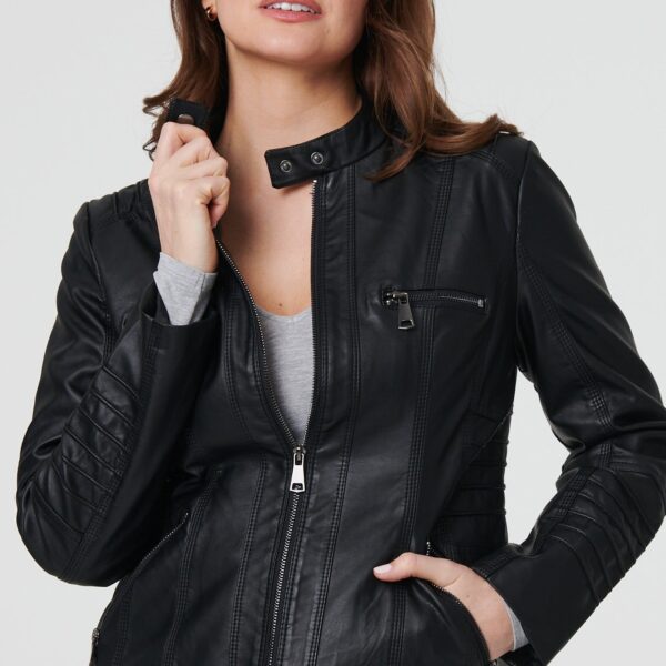 Faux Leather High Neck Zip Front Jacket