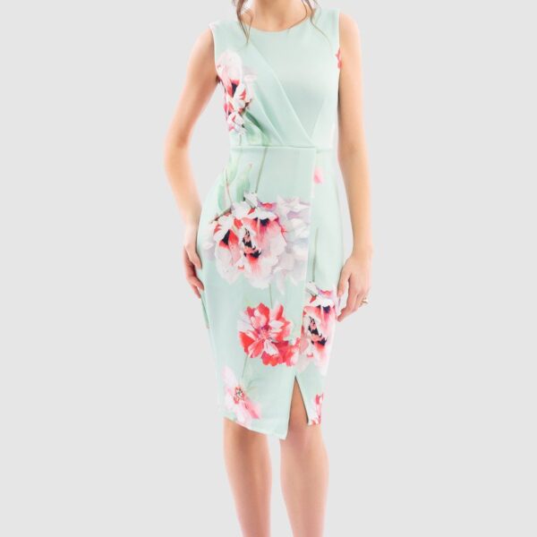 Closet London Green Sleeveless Wrap Floral Print Dress