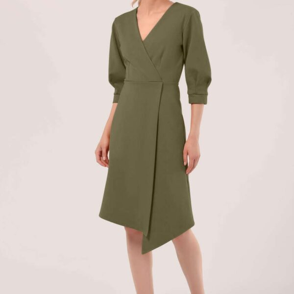 Closet London Khaki Green Pleated Sleeve Wrap Dress