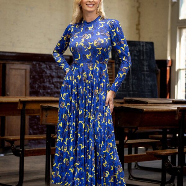 Closet London Royal Blue Printed Pleated Dress