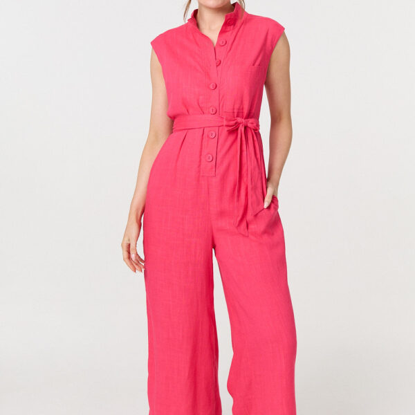 Sleeveless Tie Waist Button-Up Jumpsuit