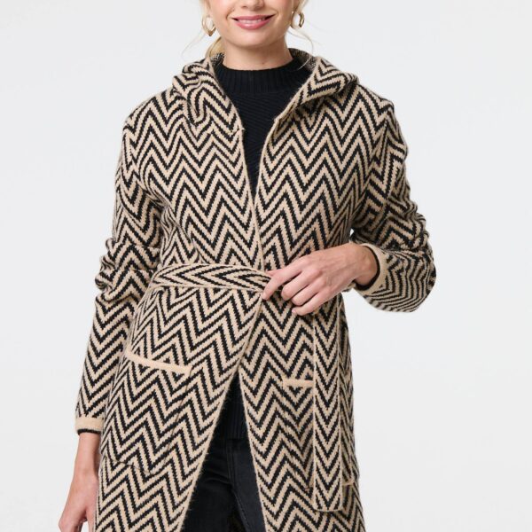 Chevron Print Tie Waist Hooded Coatigan