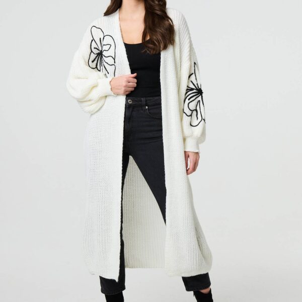 Floral Embroidered Longline Open Cardigan