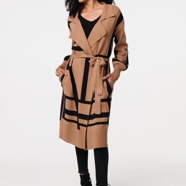 Striped Print Tie Waist Longline Coat