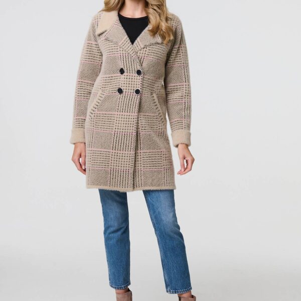 Checked Button Front Thigh Length Trench Coat