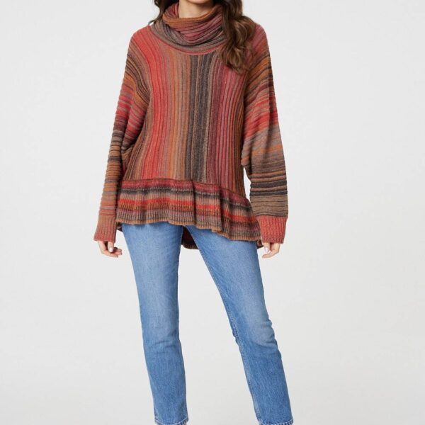 Striped Oversized Frill Roll Neck Jumper