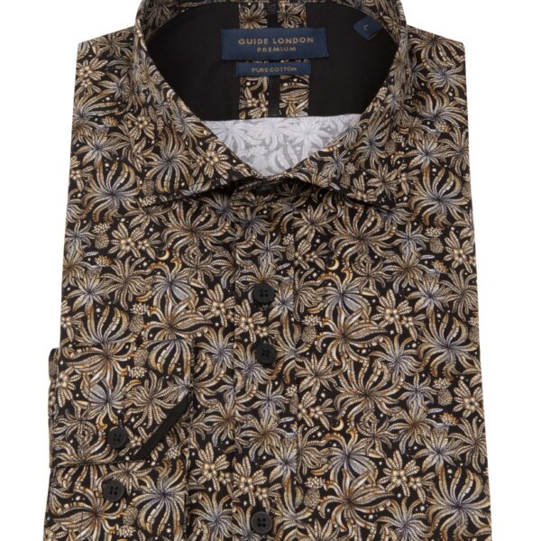 Floral Long Sleeve Cotton Black & Tan Shirt