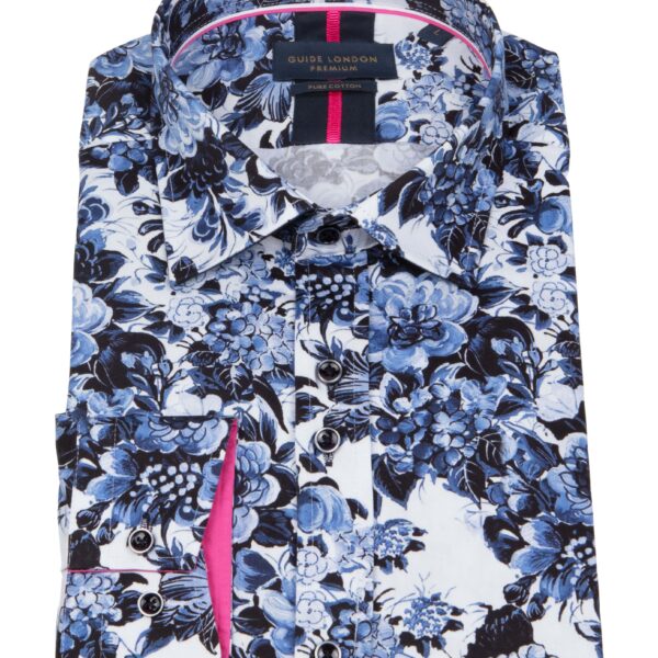 Blue and White Floral Long Sleeve Cotton Shirt