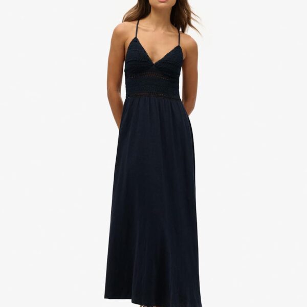 Superdry Women's Jersey Lace V-Neck Maxi Waisted Dress - 10 - Navy, Navy