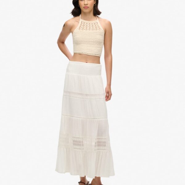 Superdry Women's Textured Lace Detail Maxi Tiered Skirt - 10 - White, White,Navy