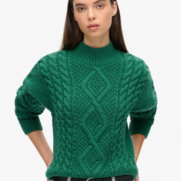 Superdry Women's Cable Knit Funnel Neck Jumper with Wool - 12 - Green, Cream,Green