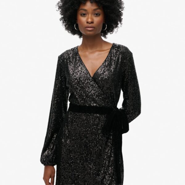 Superdry Women's Velvet Sequin V-Neck Mini Wrap Dress - 8 - Black, Black