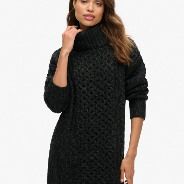 Superdry Women's Cable Knit Roll Neck Jumper Dress with Wool - 10 - Black, Brown,Black