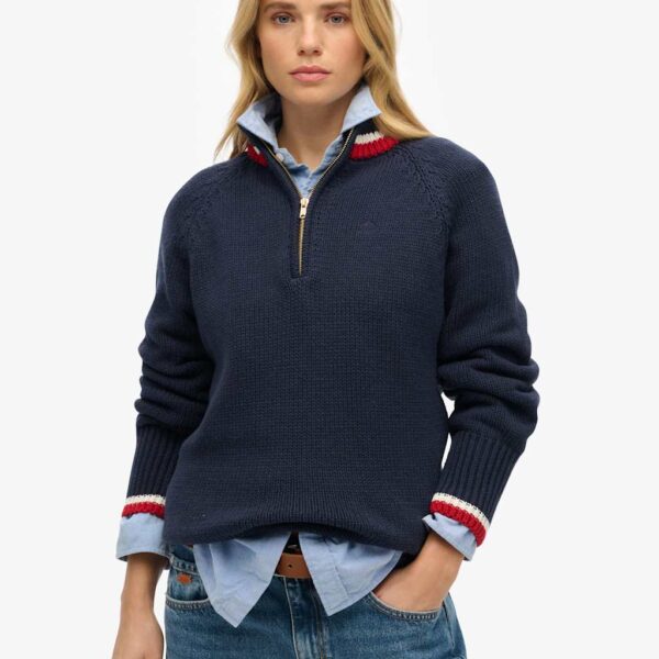 Superdry Women's Cotton Rich Tipped Detail Half Zip Jumper - 12 - Navy Mix, Navy Mix
