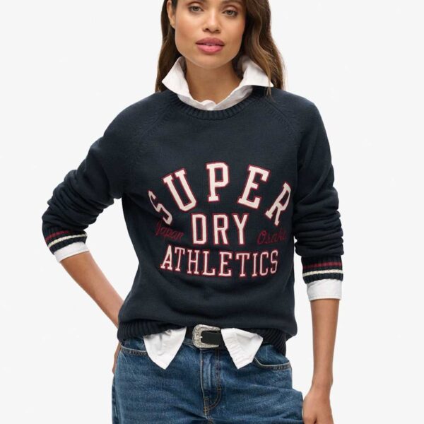 Superdry Women's Pure Cotton Crew Neck Slogan Relaxed Jumper - 8 - Navy Mix, White Mix,Navy Mix