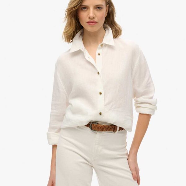 Superdry Women's Linen Rich Collared Shirt - 12 - White, White,Pink,Blue,Green,Beige
