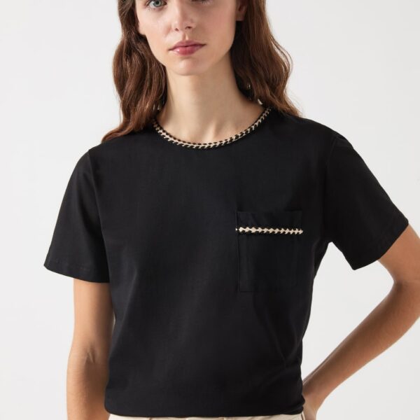 Lk Bennett Women's Pure Cotton Plaited Trim Crop T-Shirt - Black Mix, Black Mix