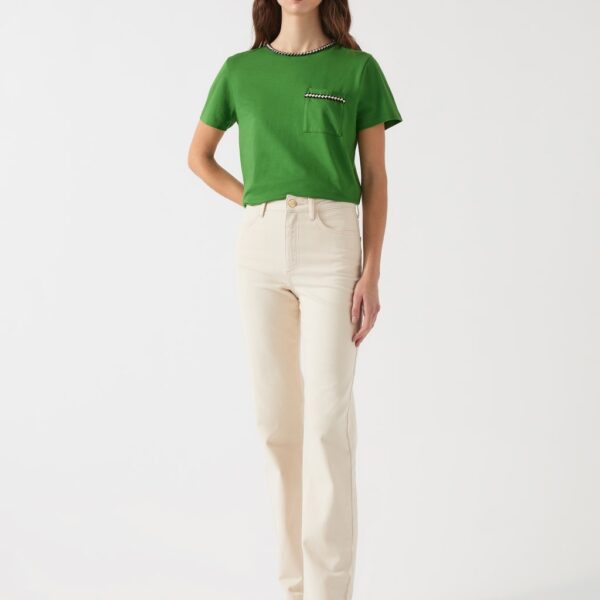 Lk Bennett Women's Pure Cotton Plaited Trim Crop T-Shirt - Green Mix, Green Mix