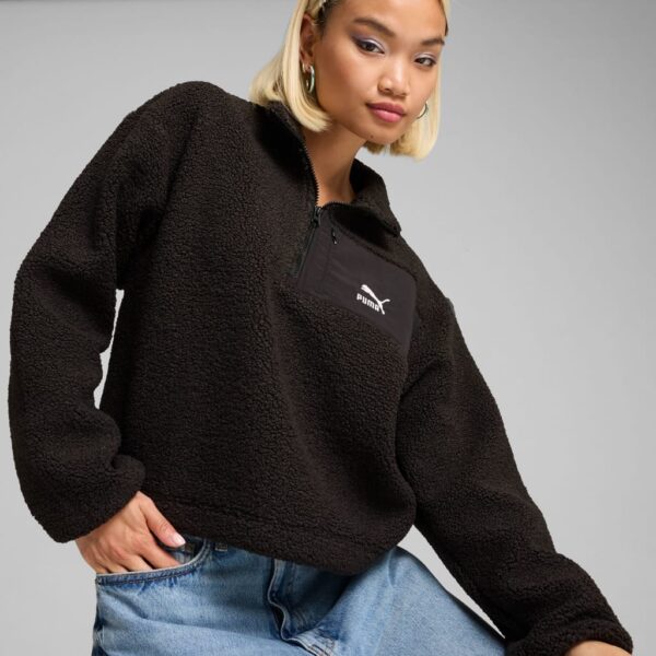 Puma Women's Classics Winterized Fleece Half Zip Sweatshirt - XL - Black, Soft White,Black