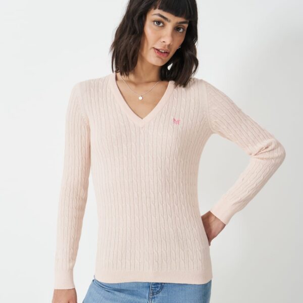 Crew Clothing Women's Cotton Rich Cable Knit V-Neck Jumper - 14 - Light Pink, Light Pink,Pink