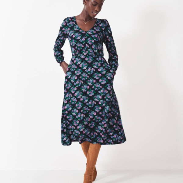 Crew Clothing Women's Jersey Floral V-Neck Midi Tea Dress - 12 - Navy Mix, Navy Mix