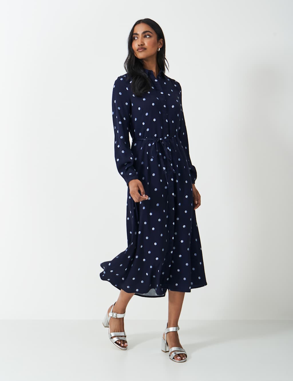 Crew Clothing Women's Polka Dot Belted Midi Shirt Dress - 12 - Navy Mix, Navy Mix