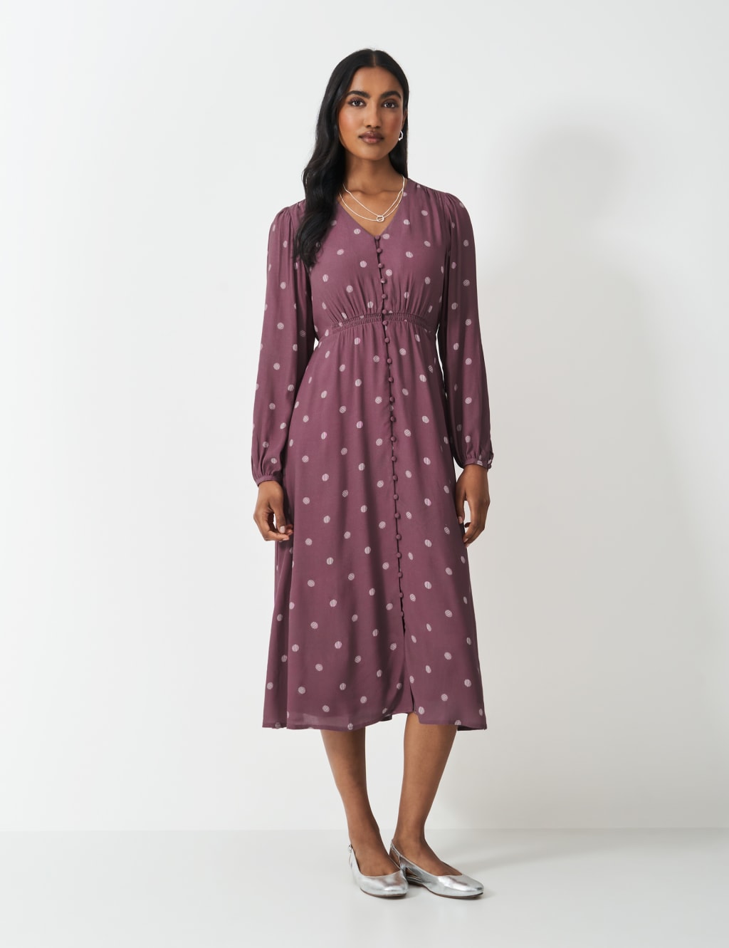 Crew Clothing Women's Polka Dot V-Neck Puff Sleeve Tea Dress - 12 - Pink Mix, Pink Mix
