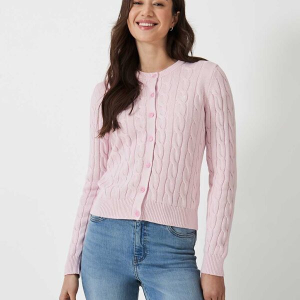 Crew Clothing Women's Pure Cotton Cable Knit Crew Neck Cardigan - 18 - Light Pink, Light Pink