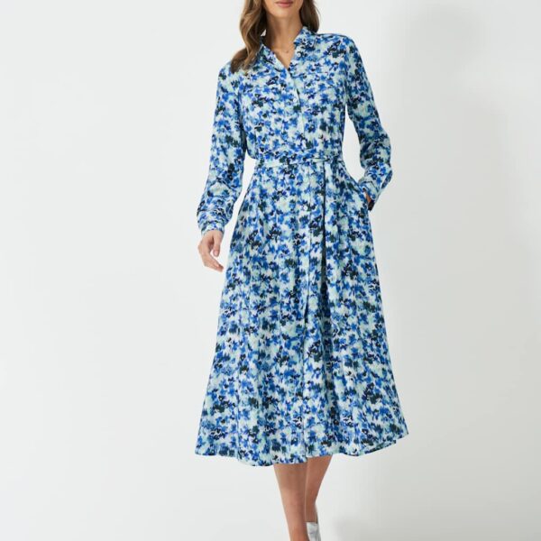 Crew Clothing Women's Floral Belted Midi Shirt Dress - 12 - Blue Mix, Blue Mix