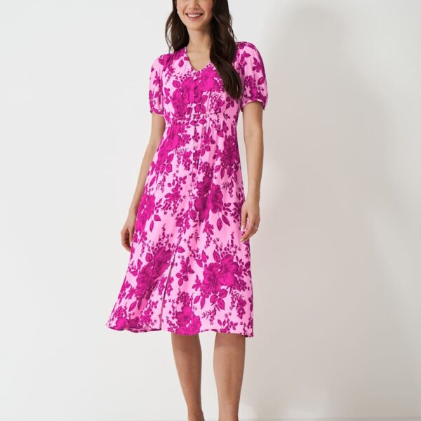 Crew Clothing Women's Floral V-Neck Puff Sleeve Midi Tea Dress - 12 - Pink Mix, Pink Mix,Blue Mix