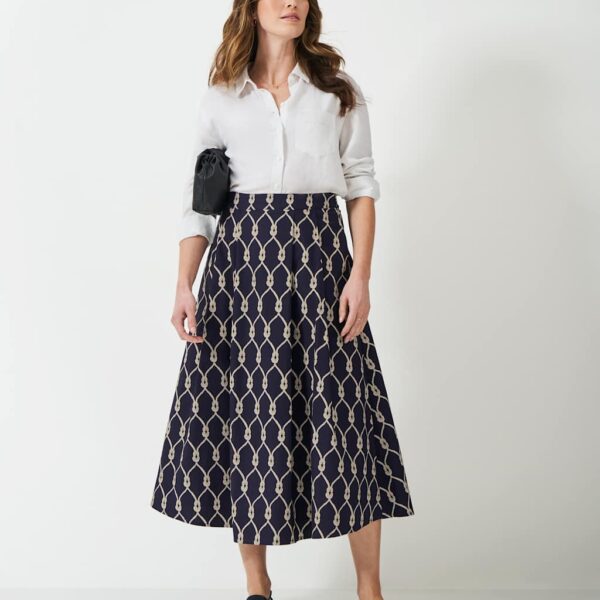 Crew Clothing Women's Pure Cotton Geometric Midi A-Line Skirt - 12 - Navy Mix, Navy Mix